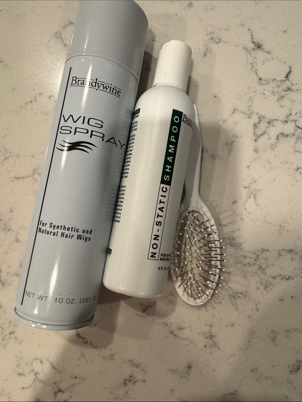Brandywine White Wig Spray, Non-Static Shampoo and wig brush. NEW